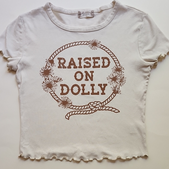 Altar'd State Tops - Altar'd State Cream Baby Tee with Brown "Raised On Dolly"  Graphic